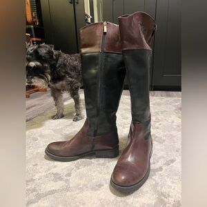Leather, two-tone, knee high boots.